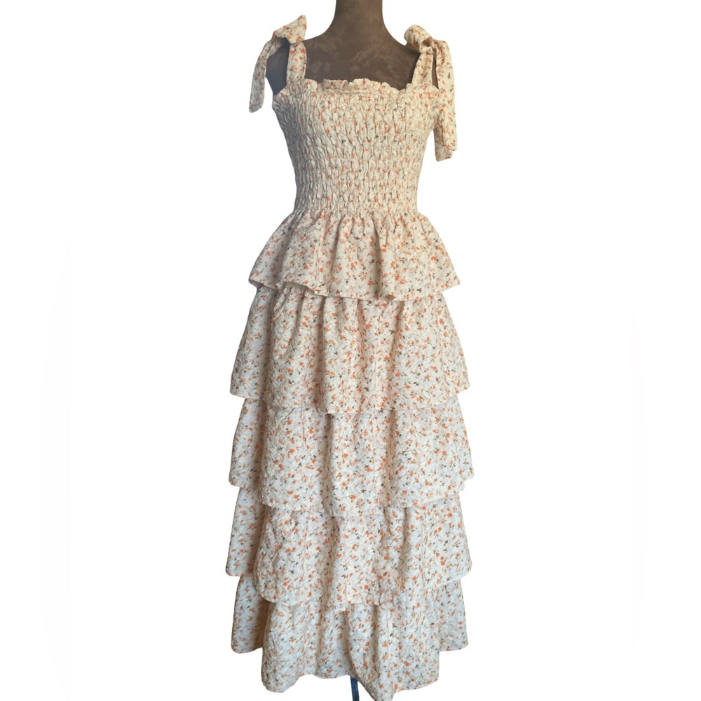 Just Me Cottagecore Fairy Floral Tiered Maxi Dress Smocked‎ Tie Straps Small